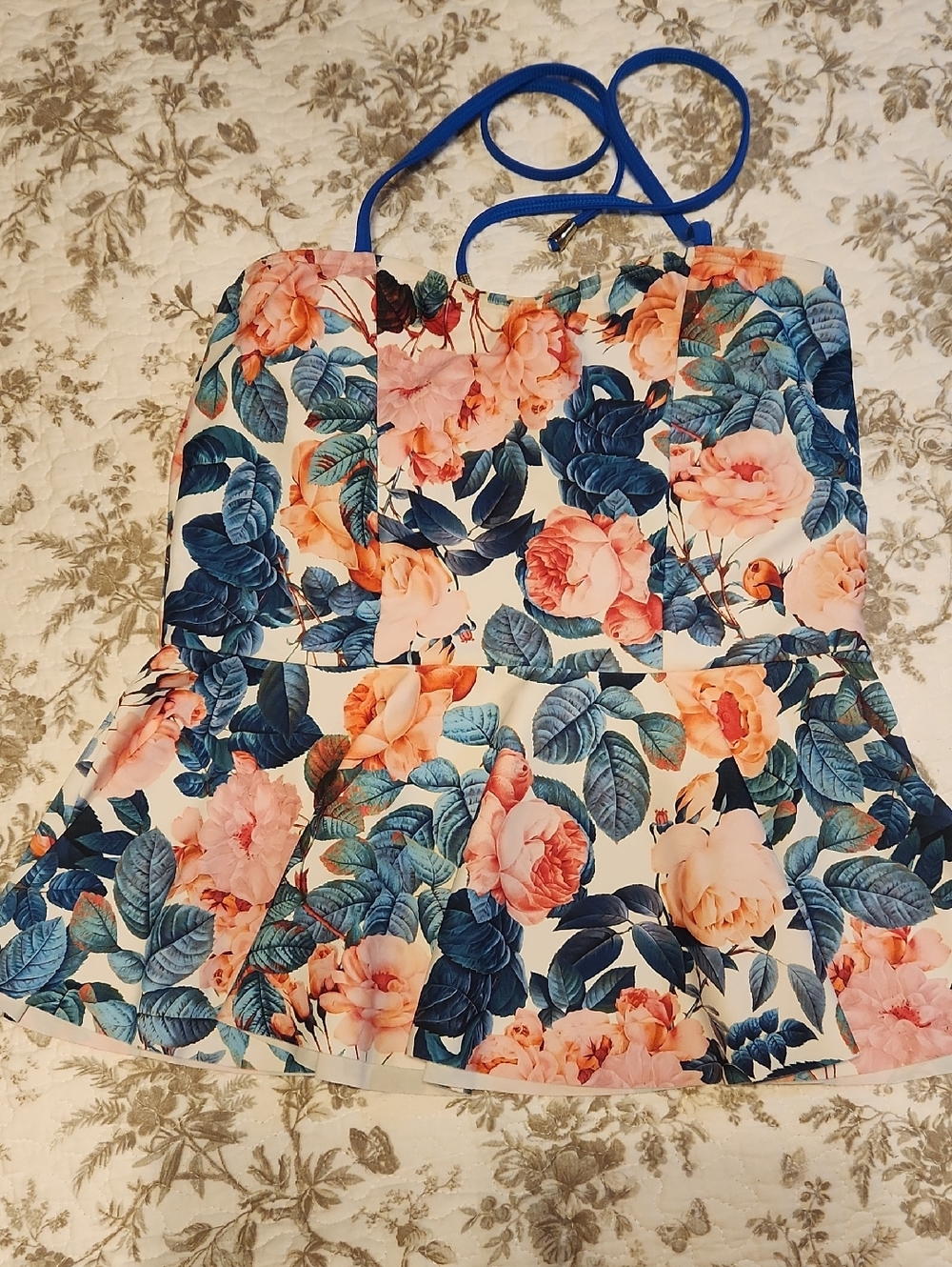 Lime Ricki Floral Peplum Swim Top in Blue and Peach